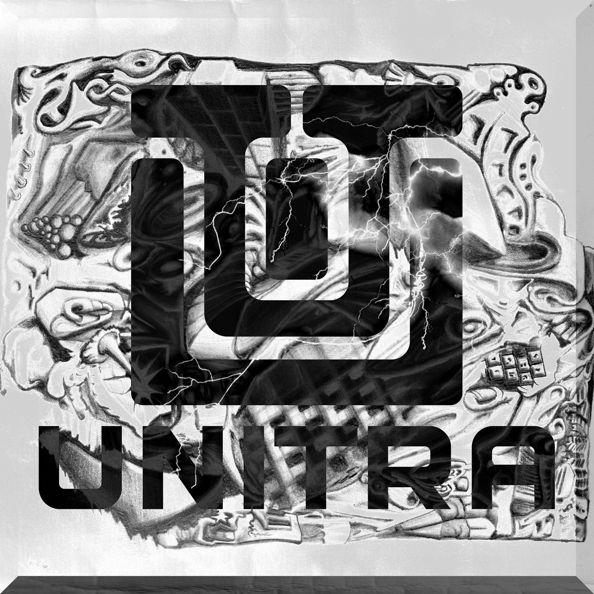 Czarno-biała grafika wektorowa z motywem elektrycznych wyładowań na tle szkicu z dekoracyjnymi elementami i napisem 'UNTRA'.