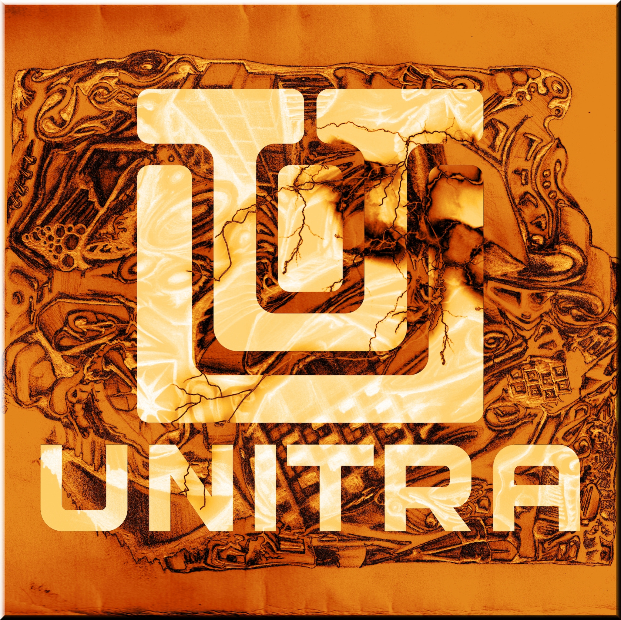 Pomarańczowo-złoty, abstrakcyjny projekt graficzny z stylizowanym logo i napisem 'UNITRA', zawierający elementy przypominające starożytne ornamenty i motywy burzy z piorunami.