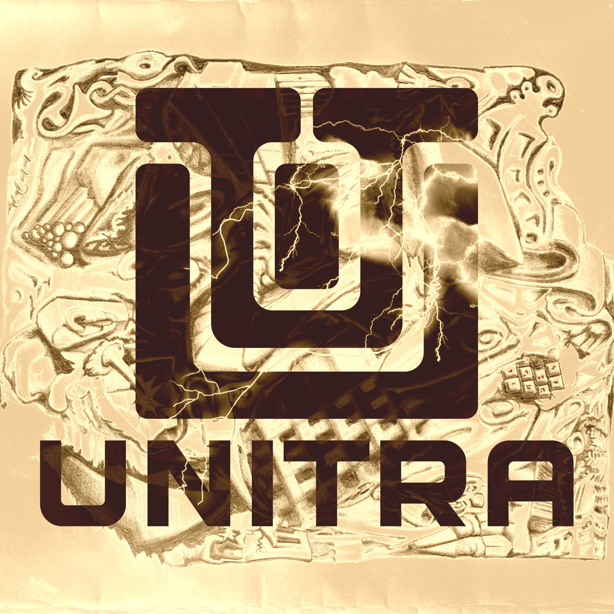 Grafika w sepii przedstawiająca logo 'Unitra' stylizowane na starożytne, z elementami piorunów i ornamentów.