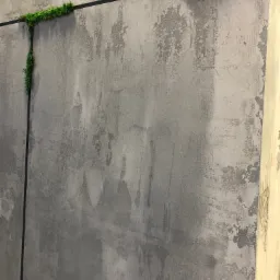 Dekoracyjna ściana z szarego tynku strukturalnego z wkomponowanym mchem między panelami.