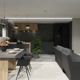 Wnętrze otwartego salonu z kuchnią i jadalnią, utrzymane w szarościach i czerni, z drewnianymi akcentami i nowoczesnym oświetleniem.
