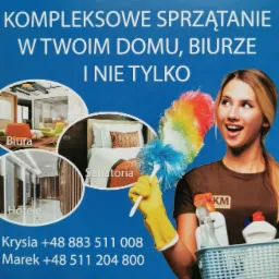 Reklama firmy sprzątającej: kobieta w rękawicach trzyma kolorowy zmiotek i koszyk ze środkami czystości, w tle zdjęcia biur, sanatoriów i hoteli.