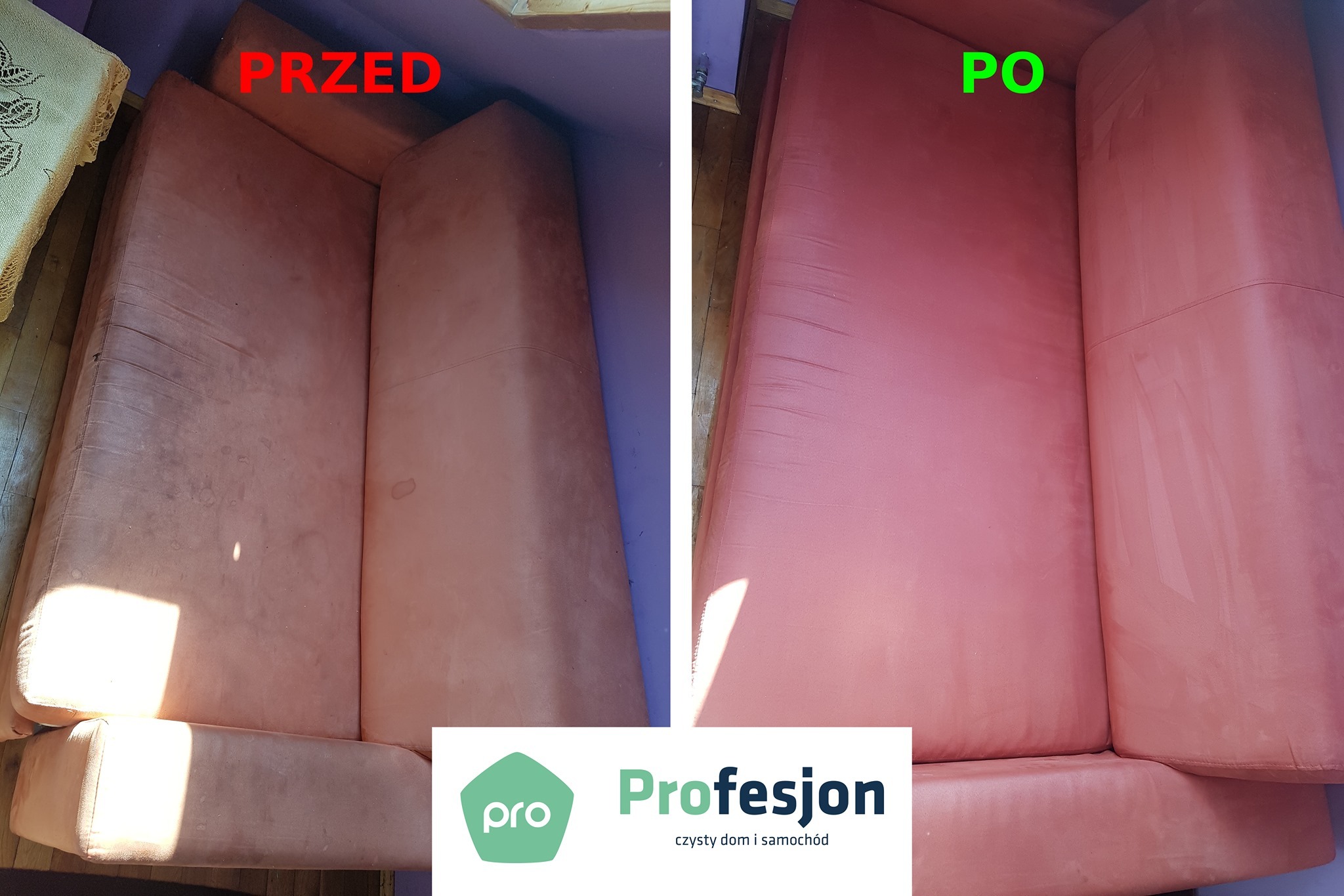 Wersalka w odcieniach różu, podzielona na pół: po lewej stronie widoczne plamy i zabrudzenia, po prawej strona po czyszczeniu, prezentująca odświeżony wygląd tapicerki.