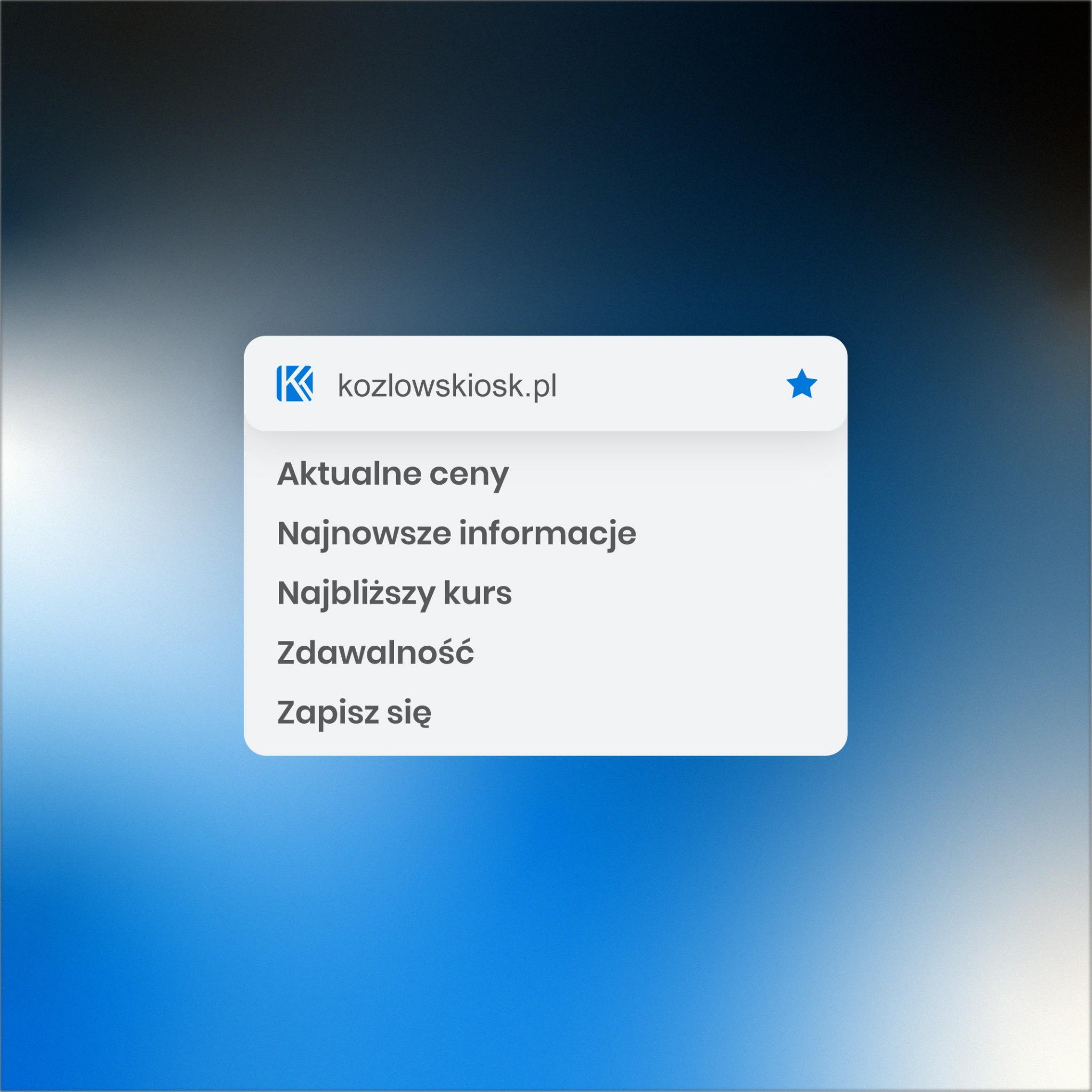 Okno dialogowe z ofertą strony kozlowskiosk.pl: aktualne ceny, najnowsze informacje, najbliższy kurs, zdawalność, zapisz się.