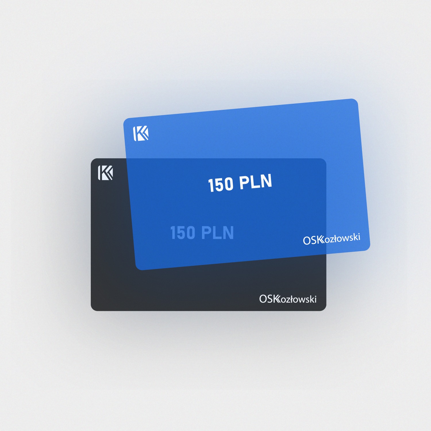 Dwie karty podarunkowe, niebieska i czarna, z logo i nominałem 150 PLN, nakładające się na siebie.