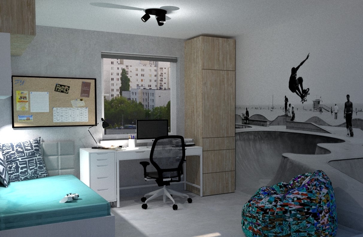 Pokój młodzieżowy z biurkiem, komputerem, łóżkiem z kontrolerem do gier i fototapetą skateparku w stylu Venice Beach.