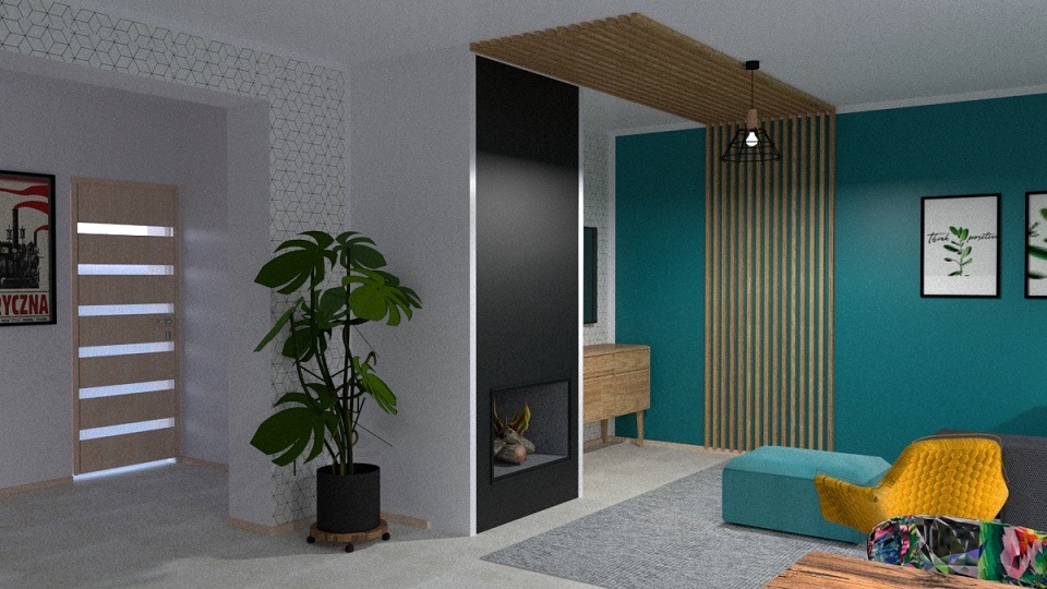 Wizualizacja salonu z turkusową ścianą, drewnianymi lamelami, czarnym kominkiem w zabudowie i rośliną doniczkową Monstera na kółkach.