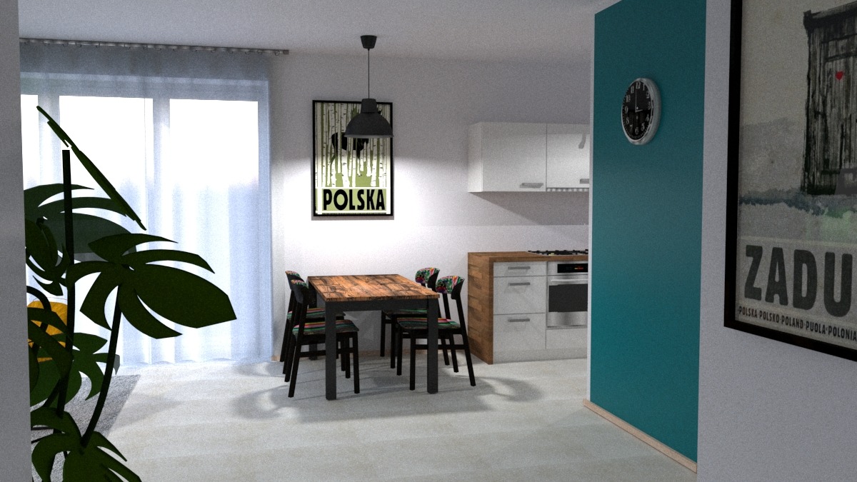 Jadalnia z drewnianym stołem i krzesłami z kolorowymi obiciami, wisząca lampa, plakat z napisem 'POLSKA' i zegar na turkusowej ścianie.