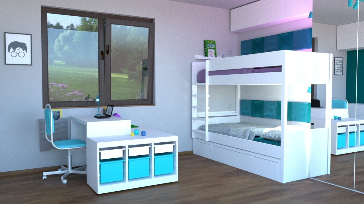 Pokój dziecięcy z białym łóżkiem piętrowym, biurkiem z turkusowym krzesłem i szafkami, widok na zielony ogród przez okno, na ścianie plakat z Harrym Potterem.