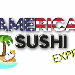 Grafika z napisem 'American Sushi Express', gdzie litery 'American' wypełnione są flagą USA, a pod nimi znajduje się wyspa z palmą i kawałkiem sushi w kapeluszu.