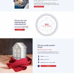 Strona internetowa firmy ubezpieczeniowej Outlet Ubezpieczeń, prezentująca ofertę ubezpieczeń, logo firm ubezpieczeniowych oraz model białego domu otulonego czerwonym szalikiem, symbolizujący...