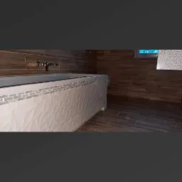 Nowoczesna obudowa wanny z białych płytek o falującej strukturze, wykończona mozaiką, na tle drewnopodobnych płytek ściennych i podłogowych w łazience.