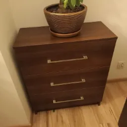 Ciemnobrązowa komoda z trzema szufladami i metalowymi uchwytami, na górze doniczka z rośliną, widok z boku na drewnianą podłogę.