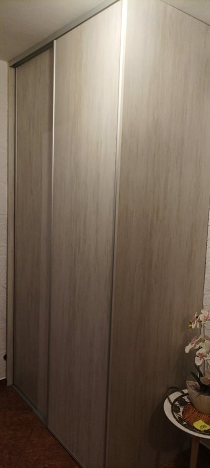 Szafa wnękowa z przesuwnymi drzwiami w odcieniach szarości, z widocznymi metalowymi prowadnicami i kwiatami na stoliku obok.