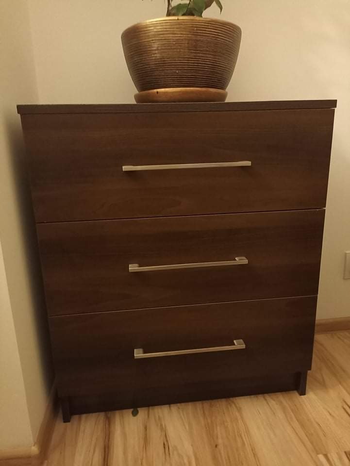 Komoda z trzema szufladami w odcieniach brązu, z metalowymi uchwytami, na której stoi doniczka z rośliną.
