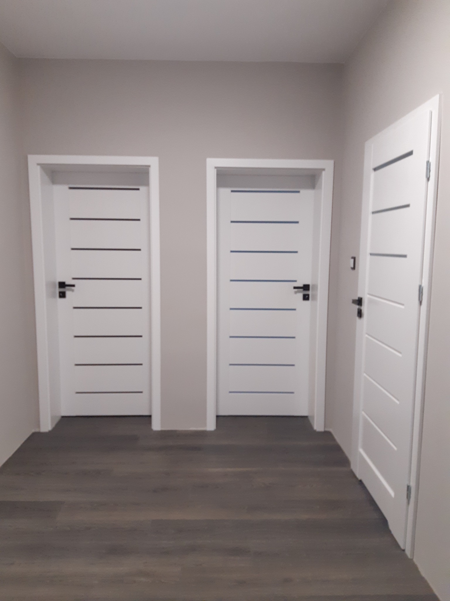 Wnętrze korytarza z trzema białymi drzwiami z poziomymi, ciemnymi paskami i czarnymi klamkami na tle szarych ścian i podłogi imitującej drewno.