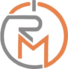 Graficzne logo firmy z inicjałami 'RM' wpisanymi w okrąg z symbolem zasilania u góry. Inicjały w kolorach szarym i pomarańczowym.