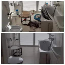 Łazienka w Poznaniu przed i po sprzątaniu, widoczne różnice w czystości toalety, podłogi i wanny.