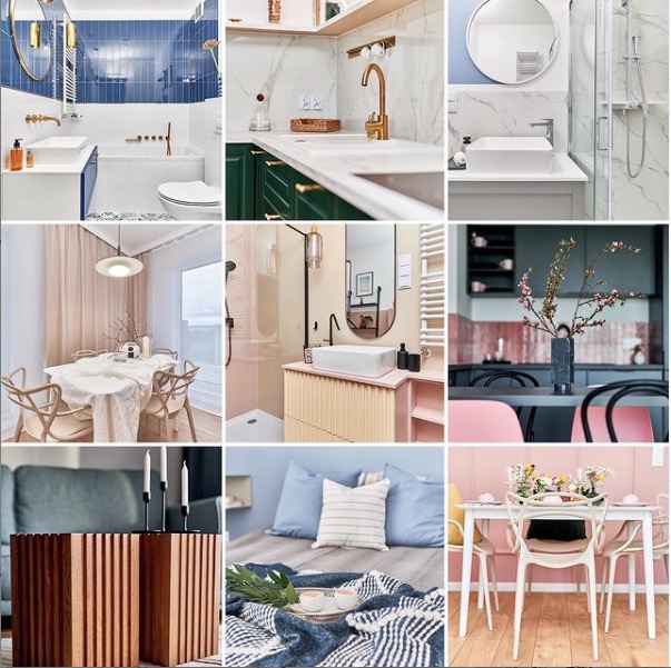 Kolaż dziewięciu zdjęć przedstawiających różne, pastelowe wnętrza: łazienki z niebieskimi i białymi płytkami, kuchnię z zielonymi szafkami, jadalnię z okrągłym stołem przykrytym białym obrusem...