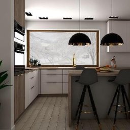 Elektro-Serwis - Nowoczesna kuchnia z białymi szafkami, drewnianymi akcentami, wyspą z dwoma szarymi hokerami i dwoma czarnymi lampami wiszącymi z elementami w kolorze złota, widok na zimowy krajobraz przez okno.