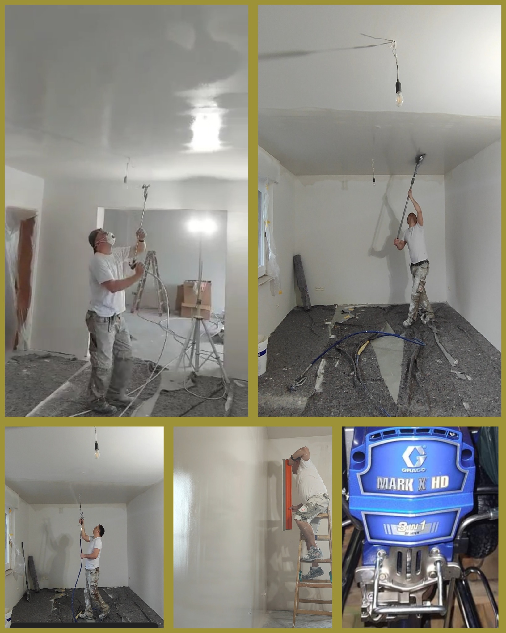 Praca malarza natryskowego podczas malowania ścian i sufitu w pomieszczeniu, widoczny agregat malarski Graco Mark X HD, podłoga zabezpieczona folią ochronną.