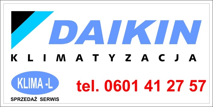 Biała tablica reklamowa z niebieskim logo Daikin, napisem KLIMATYZACJA, nazwą firmy KLIMA-L i czerwonym numerem telefonu 0601 41 27 57.