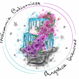 Ilustracja dwupoziomowego tortu z niebieskim lukrem i różowymi kwiatami, umieszczonego na kapeluszu, z napisem 'Pracownia Cukiernicza Angelica Sztuciak' w okręgu.