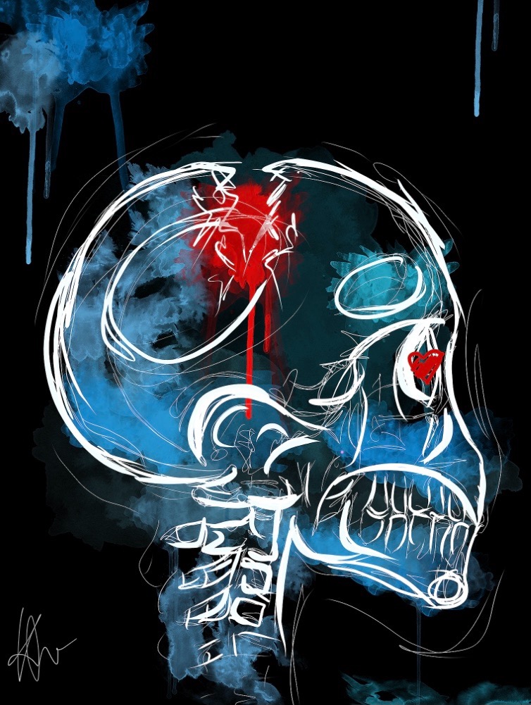 Ilustracja cyfrowa przedstawiająca stylizowaną, białą czaszkę na czarnym tle z akcentami czerwieni i błękitu w stylu grunge.