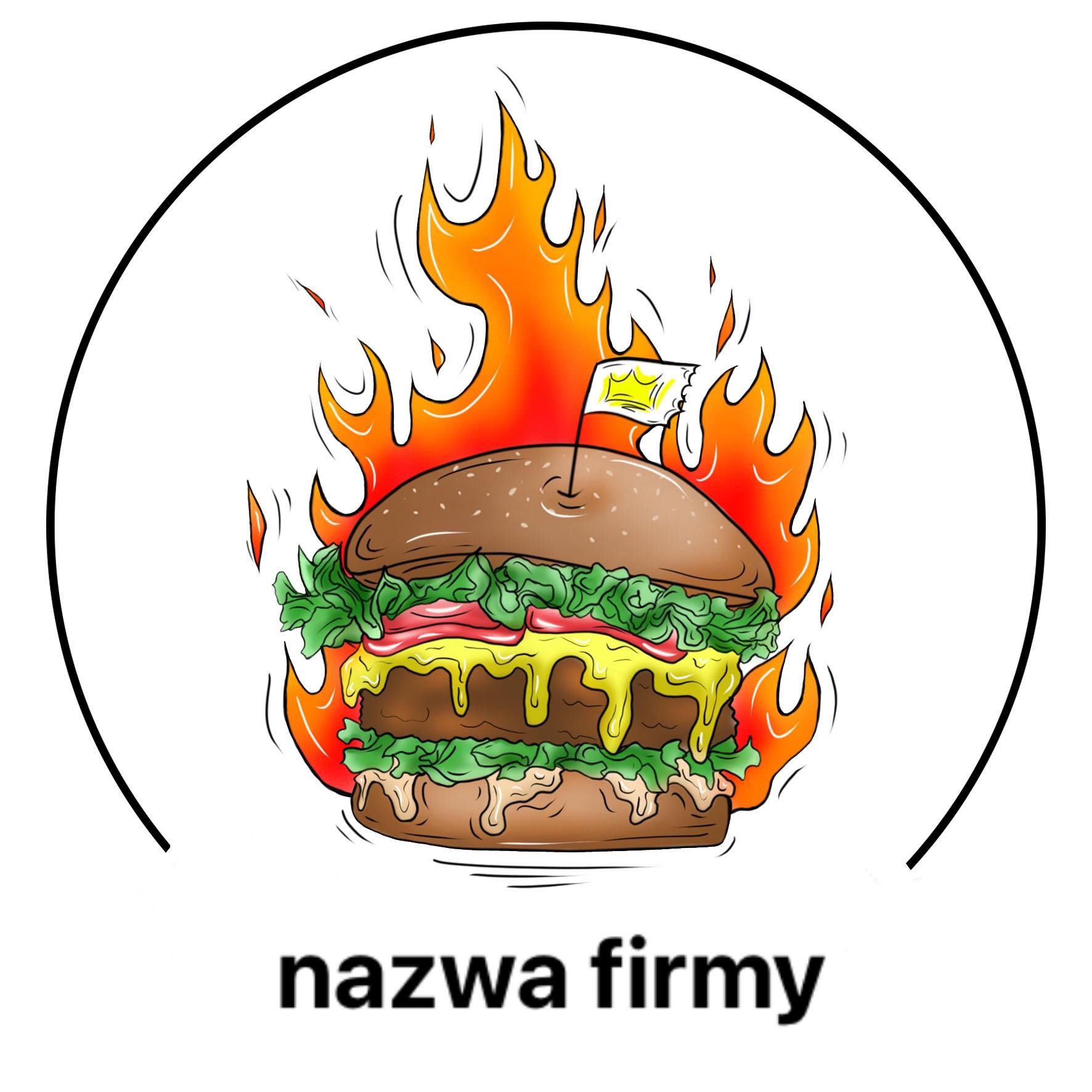 Ilustracja burgera w płomieniach, z flagą i napisem 'nazwa firmy' w dolnej części, otoczona okręgiem.
