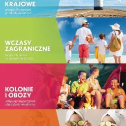 Kolaż z czterech zdjęć: wiatrak na molo, rodzina na plaży, dzieci piekące pianki przy ognisku, kobiety z ogórkami na oczach w szlafrokach i ręcznikach na głowach, promujący ofertę wakacyjną Lato 2022.