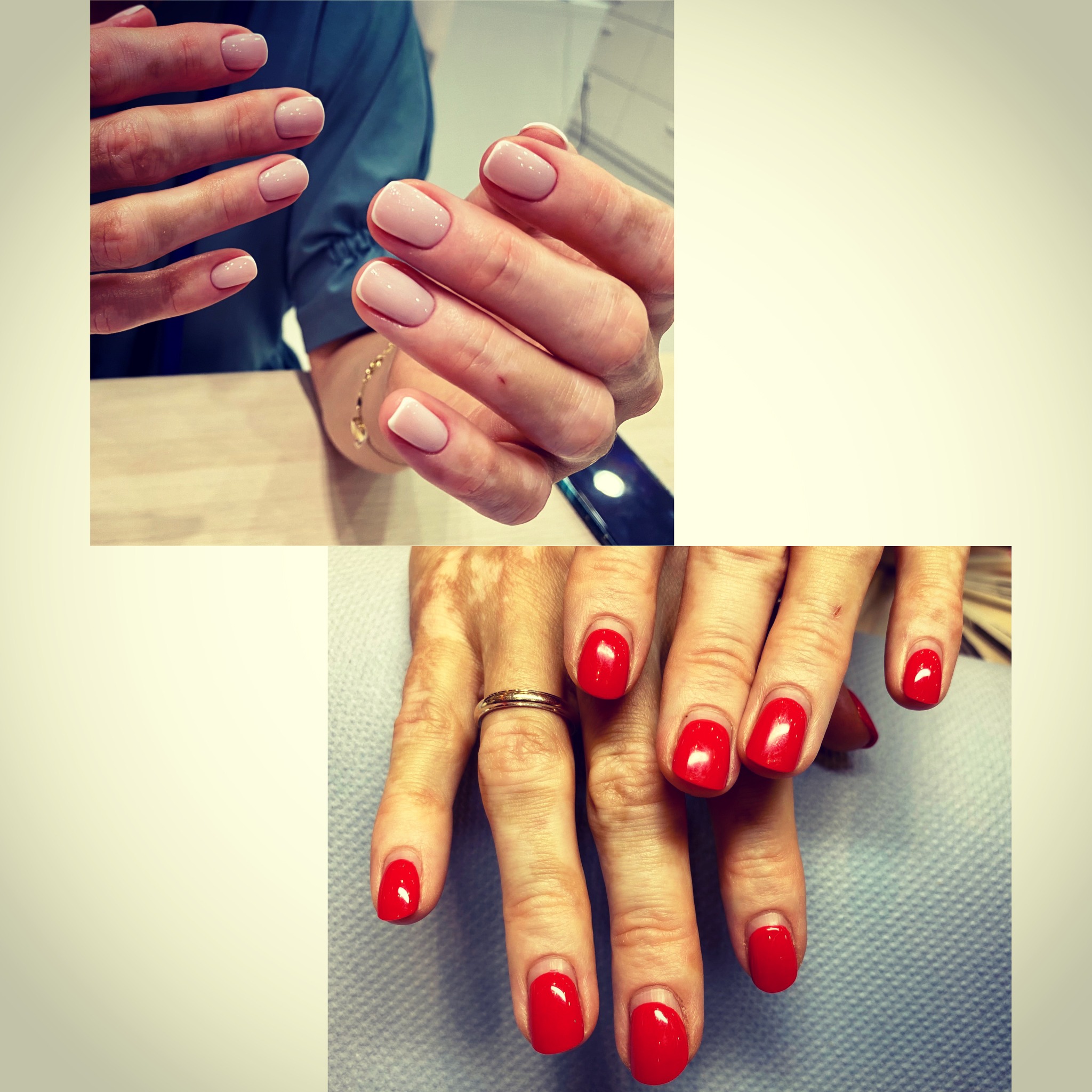 Dwie pary dłoni z różnym manicure: jedna z delikatnym różowym lakierem i białymi końcówkami (french manicure), druga z intensywnym czerwonym lakierem i złotym pierścionkiem na palcu serdecznym.
