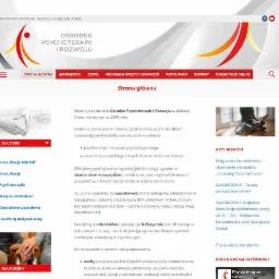 Strona główna witryny internetowej Ośrodka Psychoterapii i Rozwoju w Zielonej Górze, z menu nawigacyjnym, treścią powitalną i listą aktualności.
