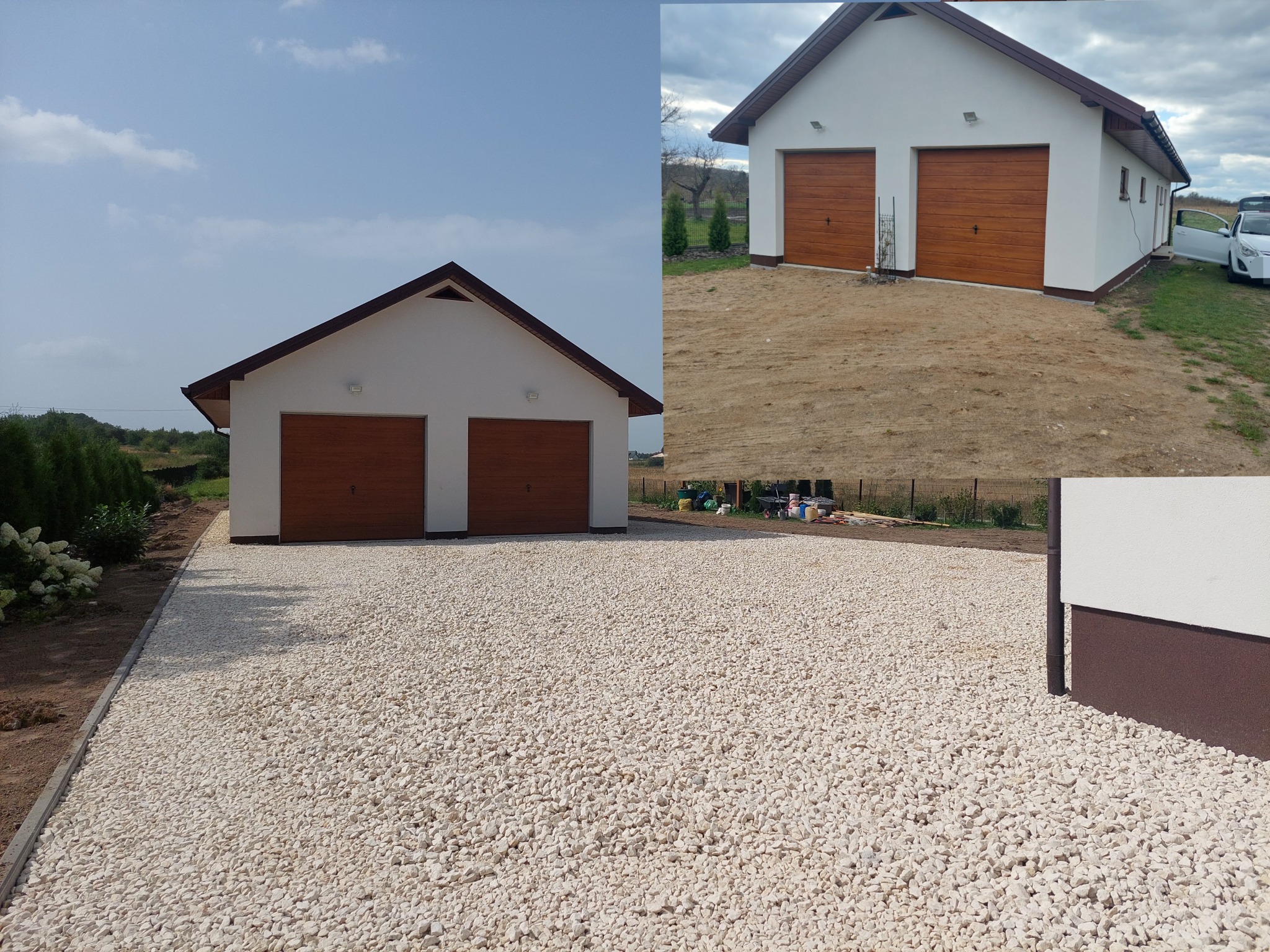 Nowoczesny, biały garaż dwustanowiskowy z brązowymi bramami, wykończony brązowym pasem przy ziemi. Podjazd wysypany drobnym, białym kamieniem. Na drugim planie widoczny teren przygotowany...
