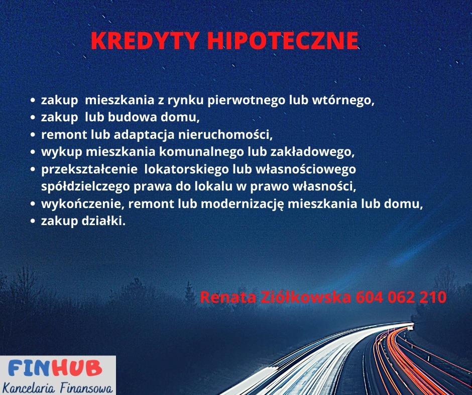 Grafika informacyjna z listą możliwości sfinansowania zakupu nieruchomości, w tle nocna panorama z rozmytymi światłami samochodów i logo Finhub Kancelaria Finansowa.