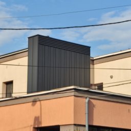 GOL MAR - Nowoczesna obróbka blacharska komina na dachu budynku mieszkalnego, widoczna na tle błękitnego nieba z liniami energetycznymi.