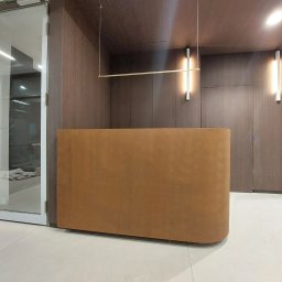 Global Labs sp. z o.o. - Elegancka recepcja z zakrzywionym, rdzawobrązowym blatem, ciemnymi panelami ściennymi i nowoczesnym oświetleniem liniowym. Widoczne szklane drzwi i jasna podłoga.
