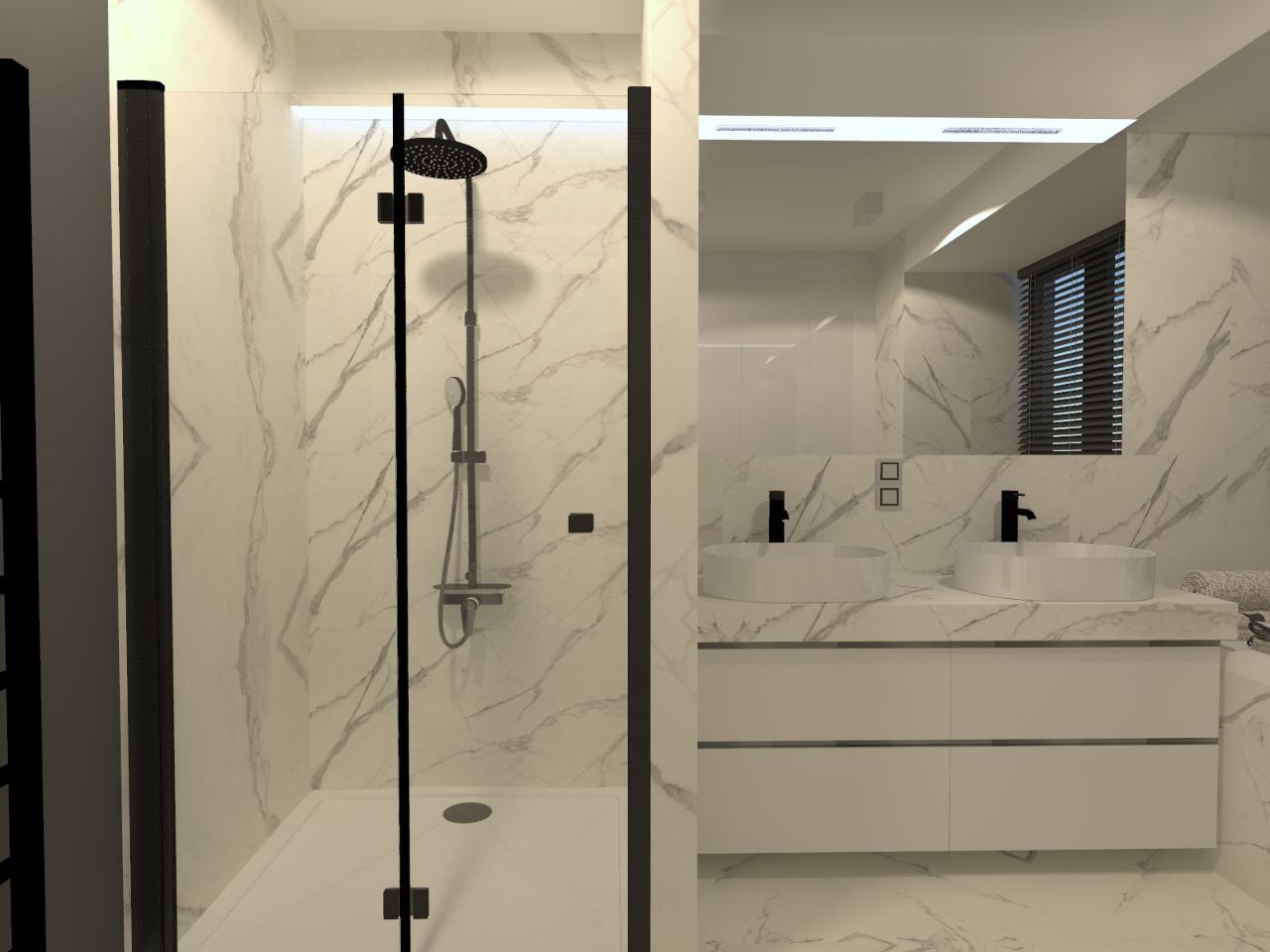 Nowoczesna łazienka z kabiną prysznicową typu walk-in z czarnymi ramami, umywalką nablatową i marmurowymi płytkami na ścianach.