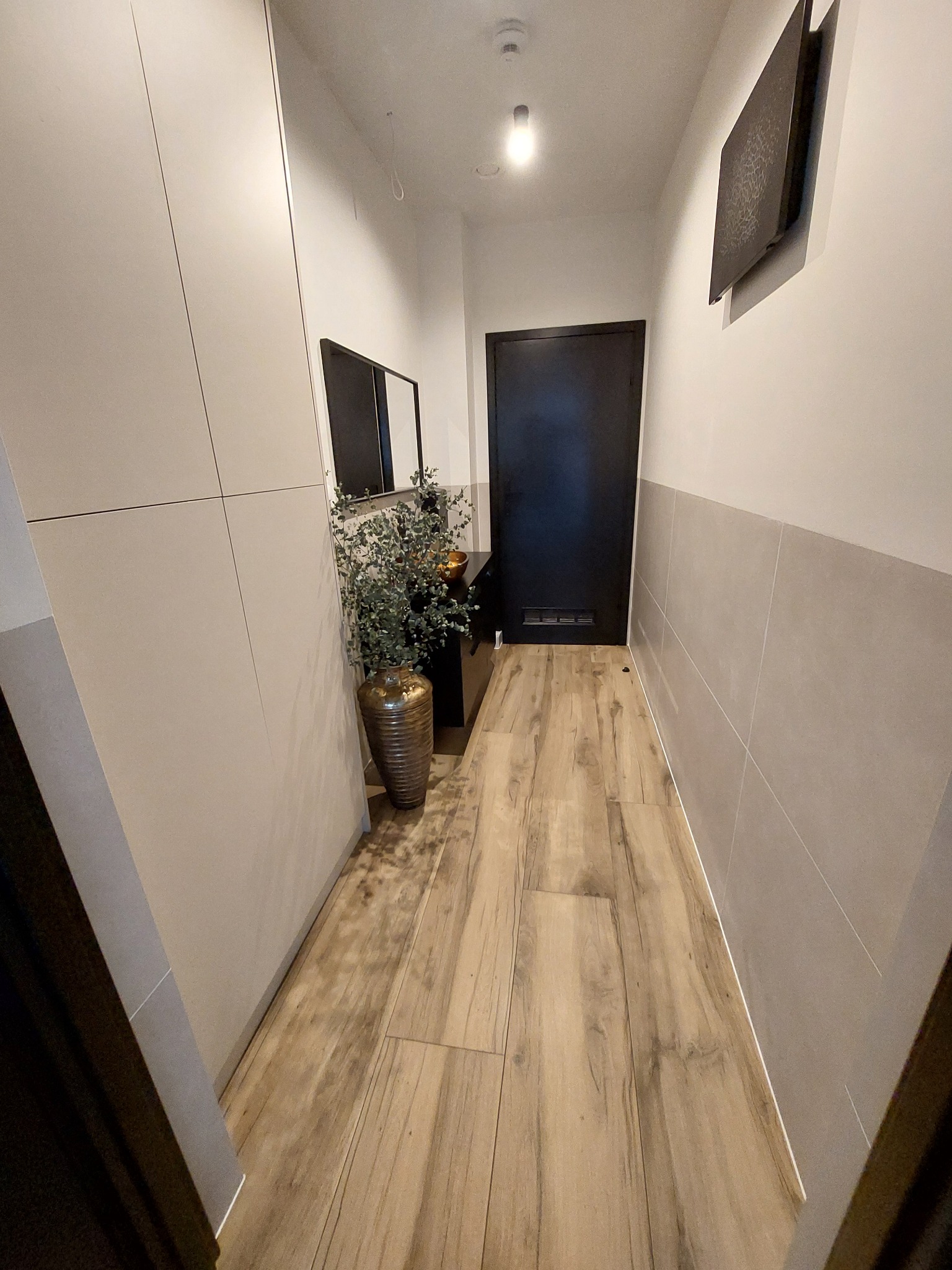 Nowoczesny przedpokój z drewnopodobną podłogą, szarą lamperią i minimalistyczną szafą w zabudowie. Dekoracyjna roślina w wazonie dodaje wnętrzu charakteru.