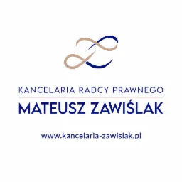 Logo kancelarii radcy prawnego Mateusza Zawiślaka z abstrakcyjnym symbolem nieskończoności w kolorach beżowym i granatowym oraz adresem strony internetowej.