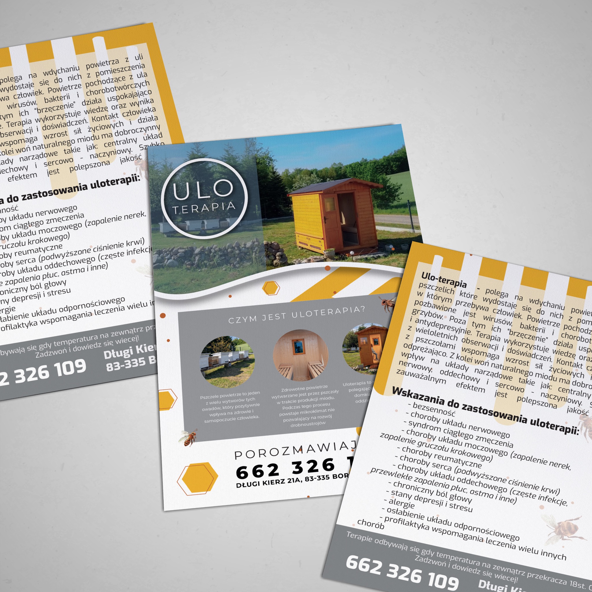 Ulotka reklamowa uloterapii prezentująca domek do inhalacji powietrzem z uli, uloterapia - wdychiwanie powietrza z uli, wskazania do uloterapii, numer telefonu i adres firmy.