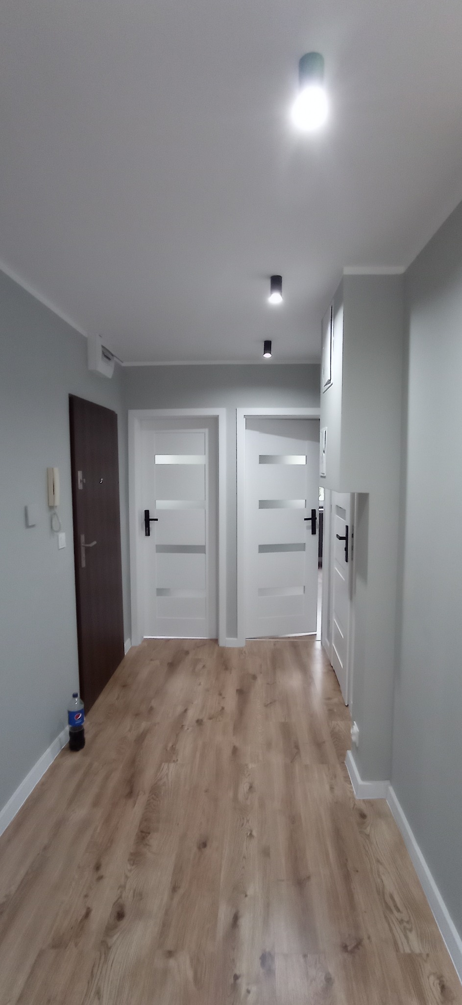 Korytarz po remoncie z panelami podłogowymi w odcieniach drewna, szare ściany, białe drzwi z czarnymi klamkami i minimalistyczne oświetlenie sufitowe. Na podłodze, przy ścianie stoi butelka napoju.