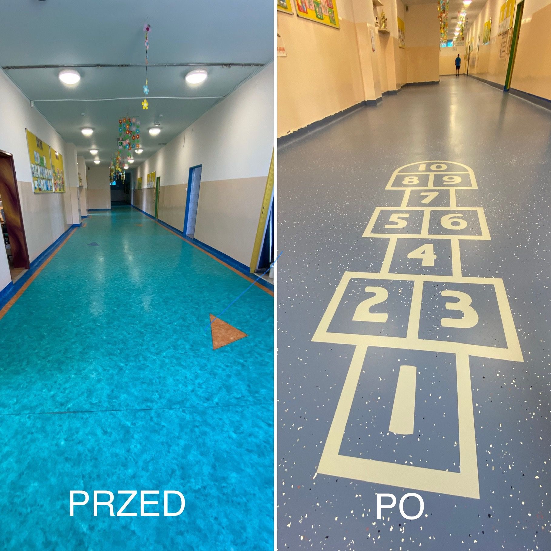 Korytarz szkolny z podziałem na zdjęcia przed i po renowacji posadzki. Po lewej stronie widoczna turkusowa podłoga z pomarańczowymi trójkątami, po prawej - szara posadzka z namalowaną grą w klasy.