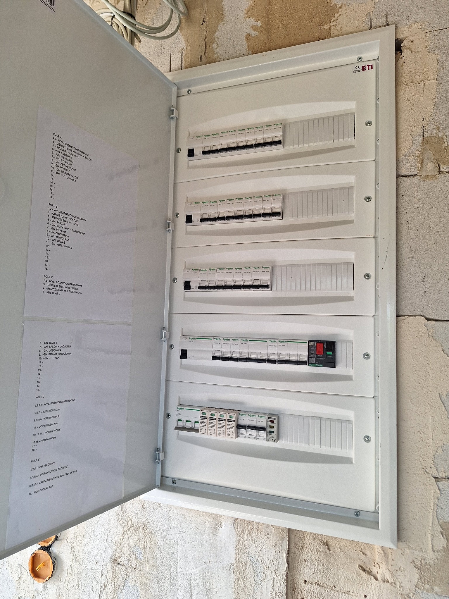 Otwarta, biała skrzynka rozdzielcza ETI z wyłącznikami i rozpisanymi obwodami na kartce. Widoczne przewody i surowa ściana w tle. Instalacja elektryczna w trakcie prac.