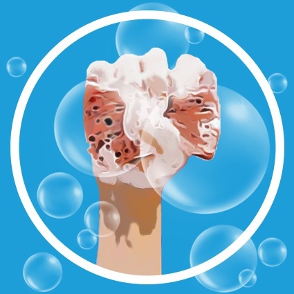 Ilustracja dłoni pokrytej pianą mydlaną, otoczonej bąbelkami i białym okręgiem na błękitnym tle.