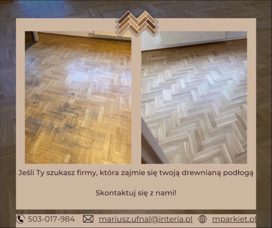 Porównanie parkietu ułożonego w jodełkę przed i po cyklinowaniu: po lewej stronie widoczne ciemne plamy i zarysowania, po prawej odnowiona, jasna powierzchnia.