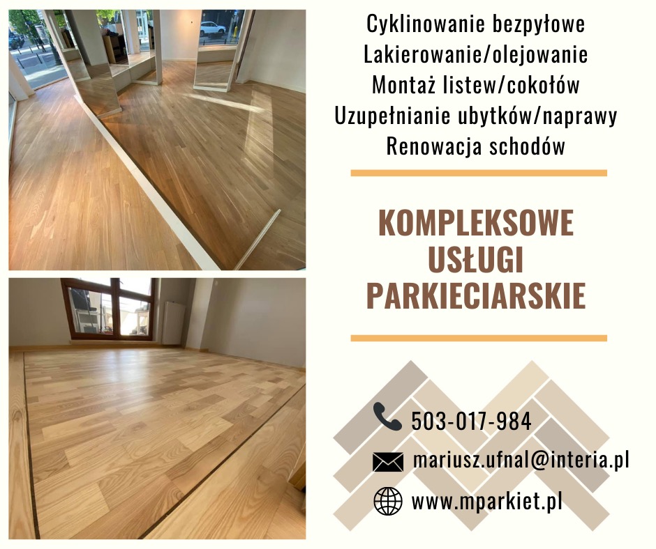 Wycyklinowana, jasna drewniana podłoga parkietowa w dwóch ujęciach: widok z góry na fragment pomieszczenia z lustrami oraz widok na całe pomieszczenie z oknem.