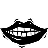 Stylizowana, czarno-biała grafika przedstawiająca uśmiechnięte usta z widocznymi zębami, przypominająca logo lub element dekoracyjny.