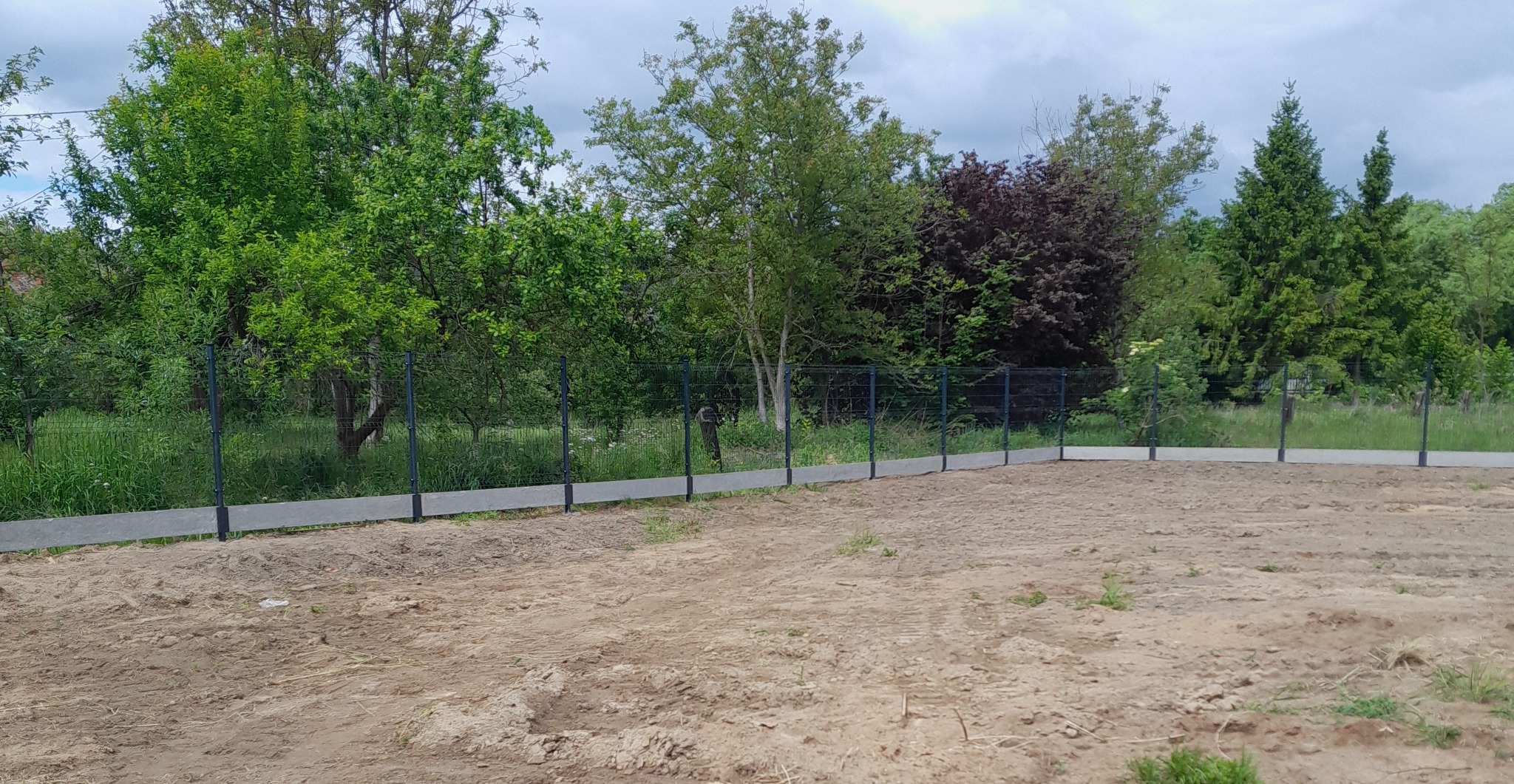 Zielona siatka ogrodzeniowa z betonową podmurówką otacza działkę z zielenią w tle. Widok na świeżo zamontowane ogrodzenie panelowe.