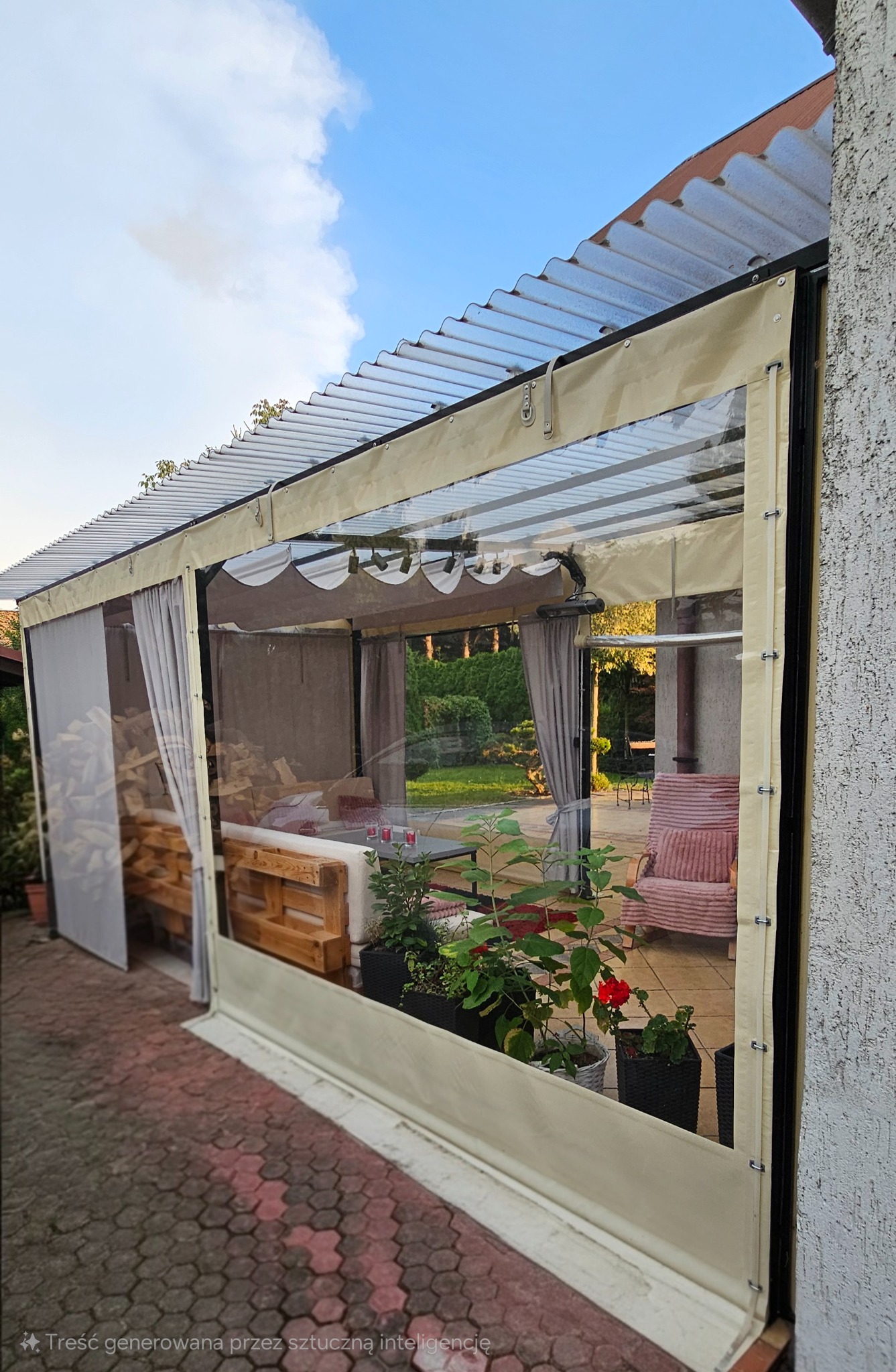 Zadaszona altana z transparentnymi ścianami bocznymi, meblami z palet i roślinami w donicach, widok z zewnątrz. Lekka konstrukcja z przezroczystym dachem.