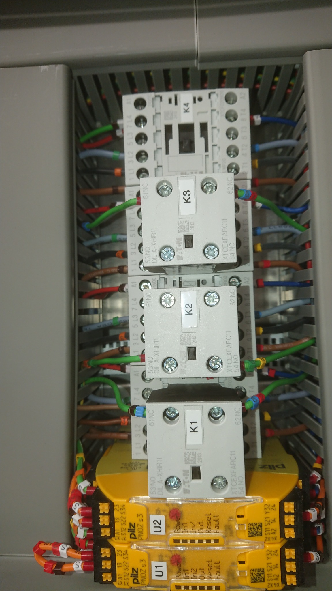 Panel sterowniczy z przekaźnikami bezpieczeństwa Pilz PNOZ s3, stycznikami Eaton DIL A-XHIR11 oznaczonymi K1, K2, K3, K4, okablowaniem w kolorach zielonym, niebieskim, brązowym i czerwonym.